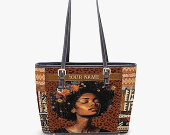 Personalized African American Leather Tote Bag Gift, Black Mom Magic Shoulder Bag, Afro Woman Bags, Mother's Day Gift ID-0416-PD52