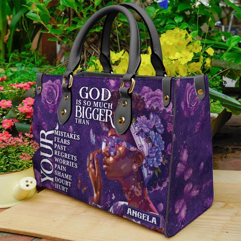 Discover Personalized Afro Black Women Leather Handbag, Mother's Day Tote Bag For Black Mom, God Is So Much Bigger American Bag