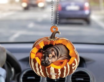 Personalized Hippo Pumpkin Halloween Ornament, Hippo Ornament Gift, Hippo Flat Halloween Ornament, Hippo Car Ornament ID-0806-6NMH