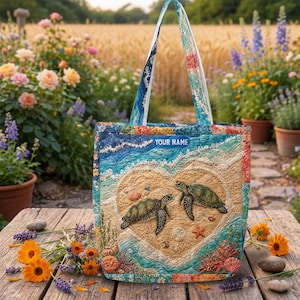 May include: A quilted tote bag featuring a beach scene with two sea turtles inside a heart shape. The bag has blue, teal, and tan colors, with the text "YOUR NAME" on a blue label. The handles are blue and white.