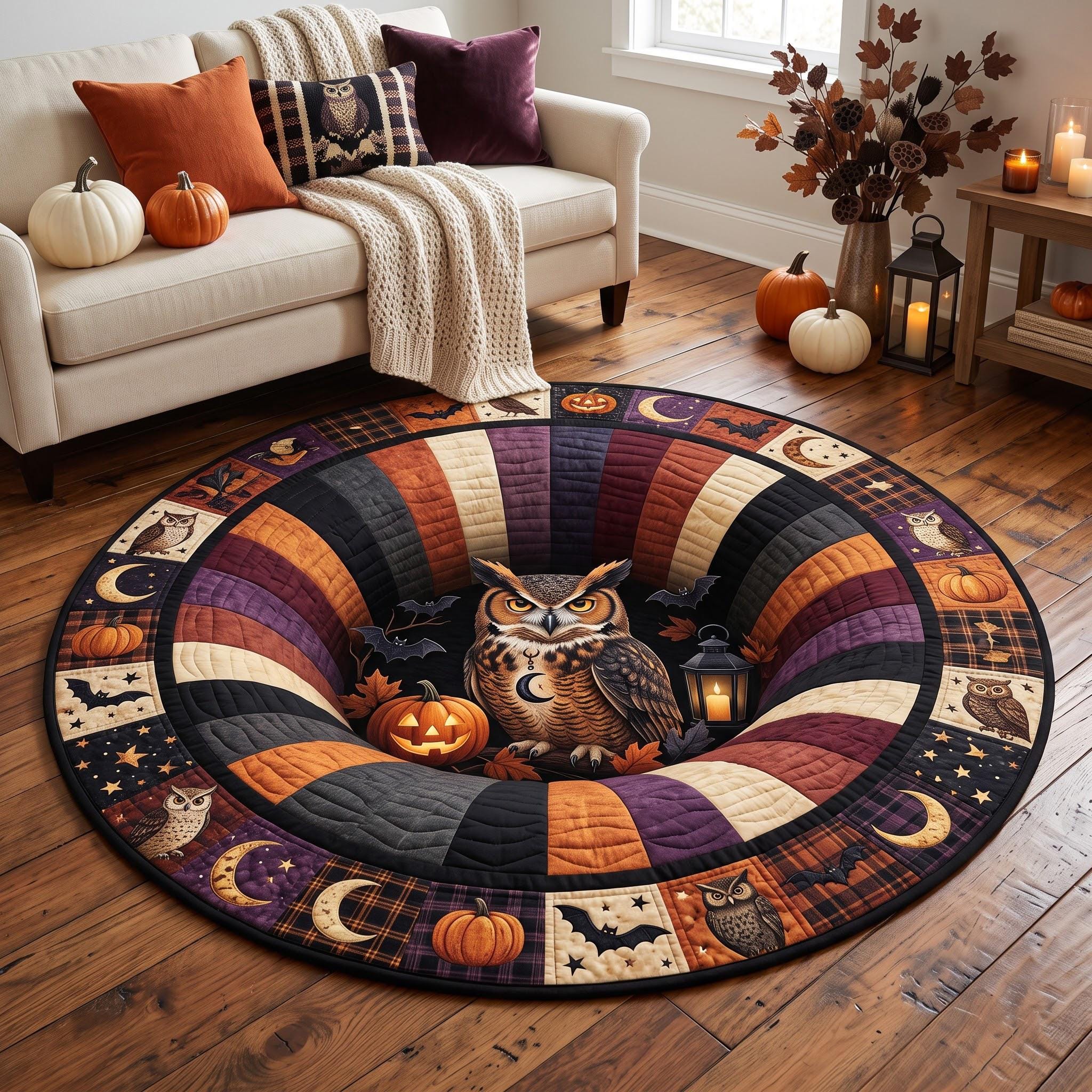 Halloween Owl Round Rug, Spooky Owl Area Rug, Pumpkin Moon Halloween Decor, Gothic Fall Floor Rug, W