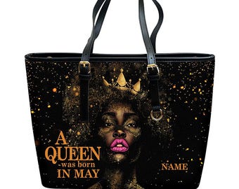 Personalized Mama Black Woman Leather Tote Bag, Mother's Day Gift, Custom Month Tote Bag Gift For Black Mom, African Mom Bag ID-0408-UMGR