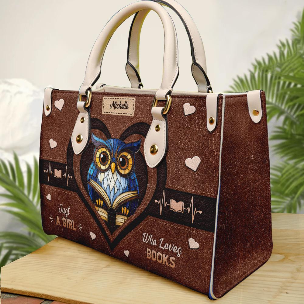 Personalized PU Leather Handbag for Bookworms, Just A Girl Who Loves Books Tote Bag, Custom Bag For Woman Gift for Owl & Book Lovers Umu1-18
