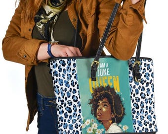 Afro Art Woman Bag, Personalized Black Women Leather Tote Bag, Mothers Day Tote Bag For Black Mom, Queen African American Bag ID-0416-JBOE