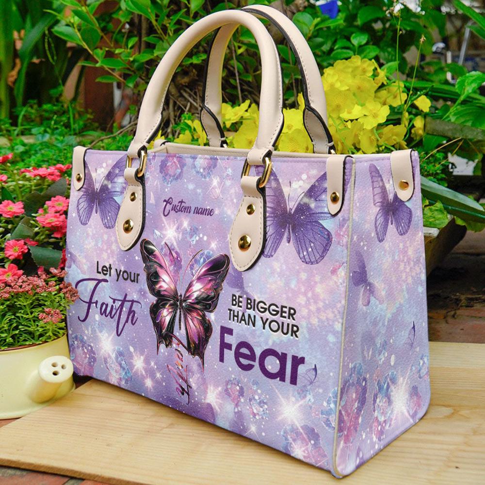 Discover Personalized Leather Handbag With Bible Verse, Let Your Faith Be Bigger Than Your Fear, Christian Butterfly Blessed Handbag