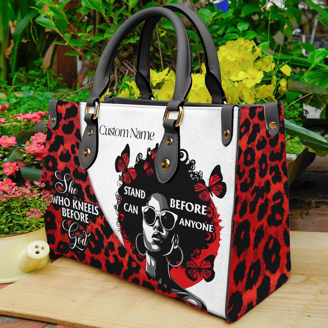Discover Personalized Leather Handbags For African American Women, Black Mom She Kneels Before God Bag, Afro Handbag, Mother's Day Gift