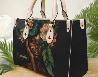 Afro Art Woman Bag, Personalized Black Women Leather Handbag, Mother's Day Tote Bag For Black Mom, Melanin African American Bag ID-0416-D1FX