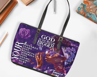 Personalized Afro Black Women Leather Tote Bag, Mothers Day Tote Bag For Black Mom, God Is So Much Bigger American Shoulder Bag ID-0417-FWEX