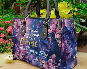 Leather Handbag Butterfly Motivational For Women, Mother&#39;s day Philippians 4:13 Bible Verse  Faith-Inspired Bag, Religious Bags ID-0402-HYJL