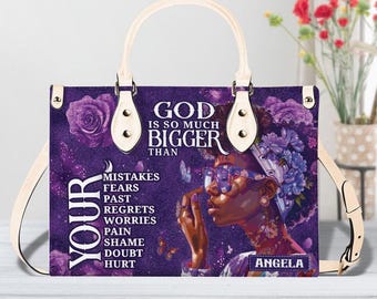 Personalized Afro Black Women Leather Handbag, Mother's Day Tote Bag For Black Mom, God Is So Much Bigger American Shoulder Bag ID-0417-FWEX