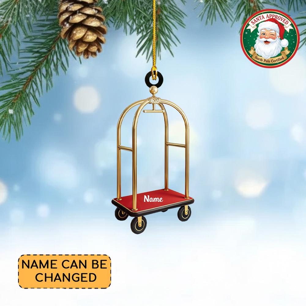 Discover Personalized Hotel Bellhop Trolley Christmas Ornament, Concierge Ornament, Hotel Doorman Ornament, Luggage Trolley Cart Ornament