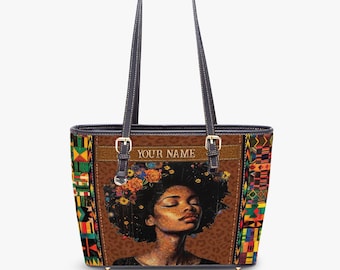 Personalized African American Leather Tote Bag Gift, Black Mom Magic Shoulder Bag, Afro Woman Bags, Mother's Day Gift ID-0416-HVYV