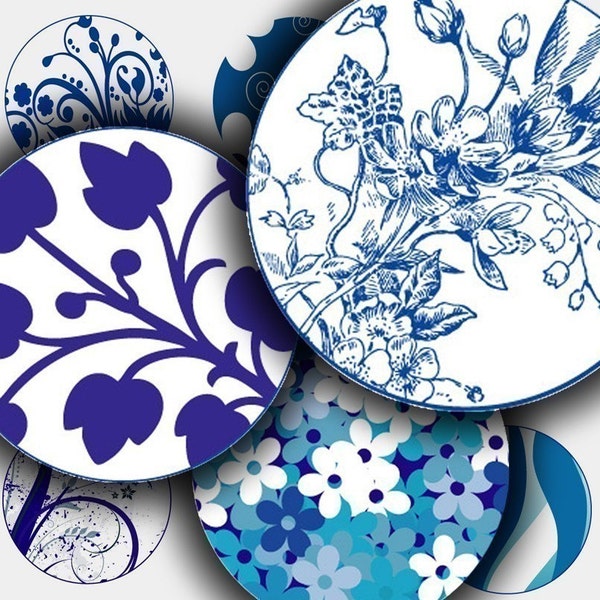 Blue - Floral Abstract - Digital Collage Sheet - 1 inch circles for bottle caps- jpeg - 083