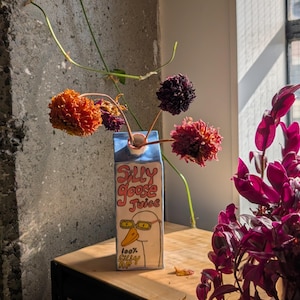Könnte beinhalten: Eine rechteckige Keramikvase in Form eines Milchkartons mit einer handgemalten Illustration einer Gans mit gelber Brille. Der Text lautet Silly goose Juice und 100% SILLY AF. Die Vase enthält mehrere getrocknete Blumen in Orange und Dunkellila.