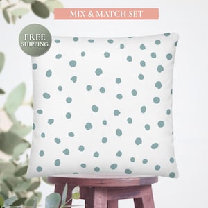 Coastal Teal Blue Polka Dot Throw Pillow 18x18 or 22x22 – “Saltwater Drift” – Blue & White Cottagecore Pillow for Living Room