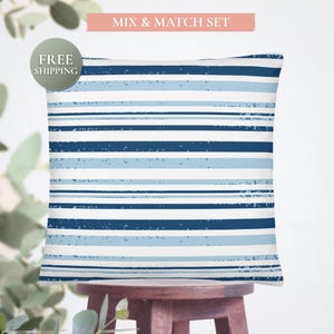 Striped Blue Pillow or Cover Only – 22x22 or 18x18 Sizes – Watercolor Coastal Accent from Coastal Bloom Collection