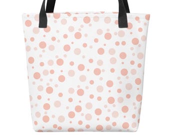 Bolso tote con estampado de lunares en rosa melocotón y coral: duradero, elegante, reutilizable y moderno. Ideal para la playa, el mercado, las compras, la escuela o el trabajo.