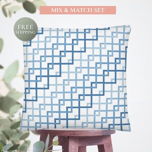 Coastal Teal Blue Geometric Throw Pillow or Cover Only 18x18 or 22x22 – “Mariner’s Maze” – Modern Coastal Accent for Couch or Office