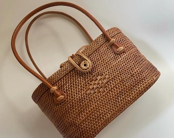 Handwoven Ata Rattan Bag – Boho Purse with Batik Lining & Leather Handles