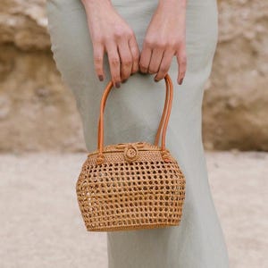 Balinese Ata Rattan Bag - Handwoven Boho Purse with Leather Strap & Batik Lining - Handmade Tote for Summer and Everyday Style