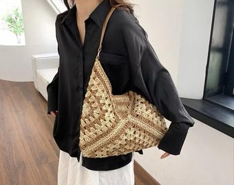 Borsa tote all'uncinetto in rafia fatta a mano: borsa a tracolla da spiaggia boho