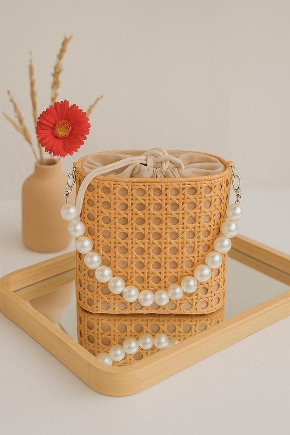 Rattan Bag with Pearl Handle – Boho Straw Purse with Drawstring Lining | Bali Handmade Crossbody