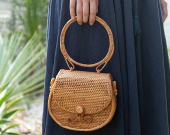 Handmade Ata Rattan Bag – Round Handle Boho Crossbody