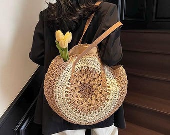 Borsa da spiaggia in rafia intrecciata a mano: grande borsa rotonda balinese