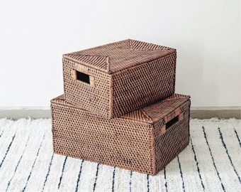 Vintage handvävd förvaringskorg i rotting med lock – Boho Bali Decor