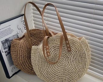 Handwoven Raffia Beach Bag: Round Boho Tote with Leather Straps