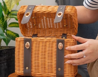 Handwoven Rattan Box Bag – Bali Artisan Picnic Purse with Faux Leather Strap