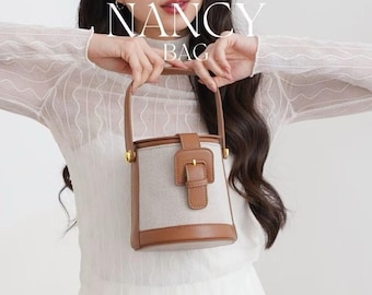 Bolsa Bucket Nancy Knit - Bolsa pequena transversal de lona e couro - Bolsa de ombro minimalista para mulheres