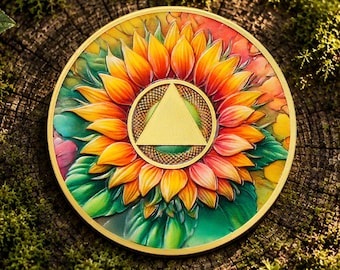 1-65 Years Custom Sobriety Coin Sunflower Watercolor Design, AA Medallion