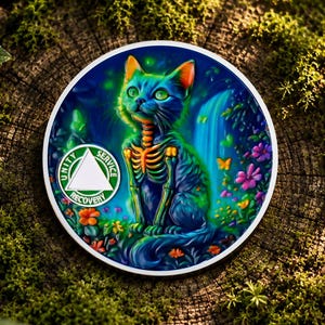 Gepersonaliseerde Levensboom AA-munt (1-65 jaar), kleurrijke kat, cadeau voor Anonieme Alcoholisten.