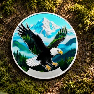 Könnte beinhalten: Ein runder Emaille-Pin, der einen Weißkopfseeadler im Flug mit weit ausgebreiteten Flügeln zeigt. Der Hintergrund stellt eine detaillierte Landschaft mit einem schneebedeckten Berggipfel, grünen Kiefernwäldern und einem hellblauen Himmel dar.