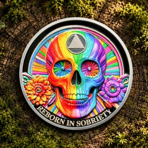 Custom 1-65 Year AA Medallion, Rainbow Skull Sobriety Token Alcoholics Anonymous Gift