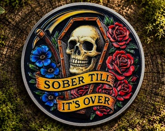 Moneda personalizada de sobriedad de 1 a 65 años, medallón de AA con calavera de la Parca y oración de la serenidad, regalo de recuperación