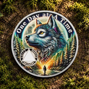 Custom 1-65 Year AA Sobriety Coin, Timber Wolf Recovery Chip Sober Gift