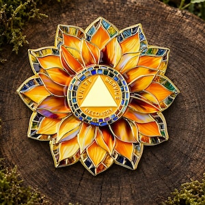 Custom 1-65 Year AA Sobriety Medallion, Sunflower AA Recovery Gift