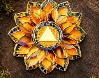 Custom 1-65 Year AA Sobriety Medallion, Sunflower AA Recovery Gift