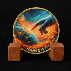 Christian Faith Coin with John 8:12, Godspell Medallion Bible Verse Challenge Coin Religious Prayer Token Inspirational Spiritual Gift