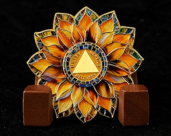 Custom 1-65 Year AA Sobriety Medallion, Sunflower AA Recovery Gift