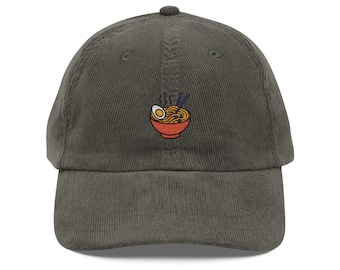 Vintage Ramen Embroidered Corduroy Cap | Retro Hat for Foodies, Adjustable Culinary Gift, Cozy Streetwear Style