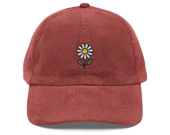 Minimal Daisy Flower Embroidered Cap, Vintage Corduroy Hat for Women, Nature-Inspired Gift, Soft Aesthetic Style