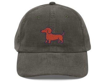 Vintage Corduroy Dachshund Cap, Embroidered Dog Lover Hat, Casual Unisex Style, Adjustable Fit, Thoughtful Gift for Pet Owners