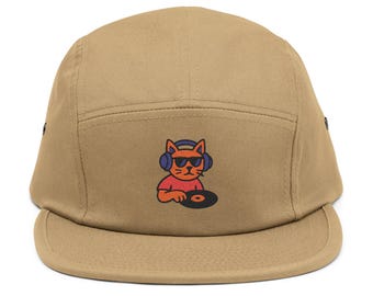 Cool Cat DJ 5-Panel Cap, Trendy Embroidered Hat for Music Lovers, Festival Style, Hipster Gift, Streetwear Accessory