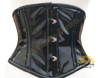 WET LOOK Black PVC Corset - Glossy Underbust Gothic Corset - Heavy Steel Boned - Tight Lacing Waist Trainer - Punk Fetish Fashion Corset