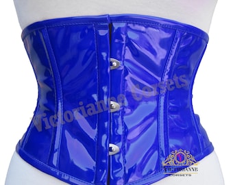 Corsé bajo busto con efecto mojado para mujer - Corsé gótico de vinilo PVC brillante en rojo/azul - Entrenador de cintura resistente con varillas de acero - Ropa para fiestas y clubes
