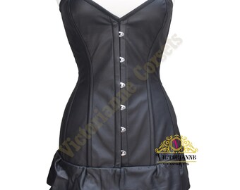 Black Leather Corset Dress - Long Gothic Corset w/ Lace Up - Heavy Steel Boned - Women Waist Trainer - Genuine Black Leather Corset Dress