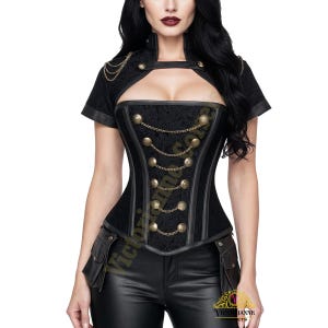 May include: Black corset with gold-colored buttons and chain detailing. The corset has a high collar and short sleeves. The garment is paired with black leather-look pants and small pockets.